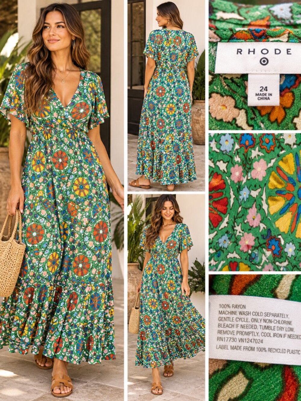 RHODE x Target Floral Medallion Maxi Dress Size 24 Green Boho V Neck